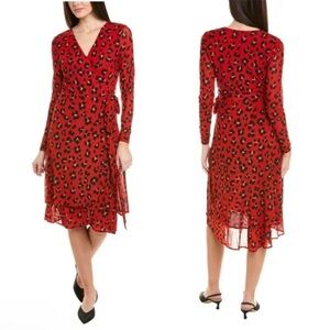 CAbi Siren Wrap Double Mesh Red and Black Animal Leopard Print Midi Dress